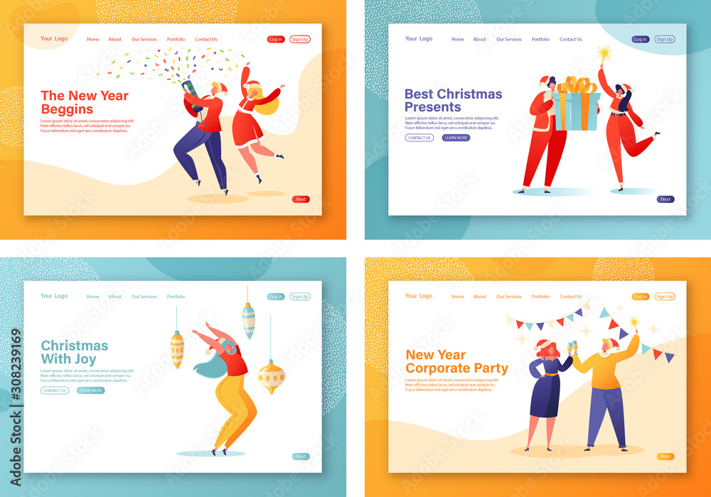 Set of concept of landing pages template on New Year corporate party celebration theme. Flat people characters dancing in santa claus costumes, holding sparklers, gifts and champagne in their hands.