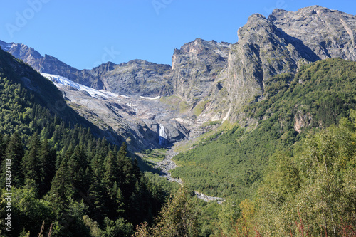 Panorama view of mountains scenes in national park Dombay, Caucasus