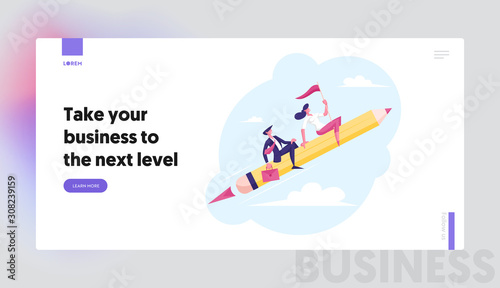 Office Workers Career Boost  Start Up Project Website Landing Page. Business Man and Woman Flying on Huge Pen like on Rocket with Red Flag in Hands Web Page Banner. Cartoon Flat Vector Illustration