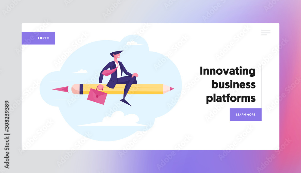 New Successful Project, Creative Business Innovation Startup Website Landing Page. Business Man Flying on Huge Pen like on Rocket. Job Aim Achievement Web Page Banner. Cartoon Flat Vector Illustration New Successful Project, Creative Business Innovation Startup Website Landing Page. Business Man Flying on Huge Pen like on Rocket. Job Aim Achievement Web Page Banner. Cartoon Flat Vector Illustration