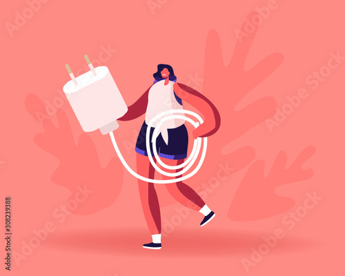 Woman Carry Cellphone Charger Wire for Charging Smartphone. Tiny Female Character with Usb Cable for Mobile Phone People Use Smart Digital Technologies and Accessories Cartoon Flat Vector Illustration
