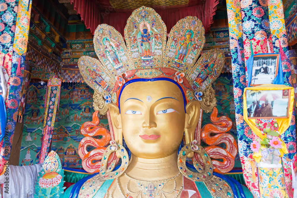 Ladakh, India - Jun 27 2019 - Buddha Statue at Thikse Monastery (Thikse  Gompa) in Ladakh, Jammu and Kashmir, India.