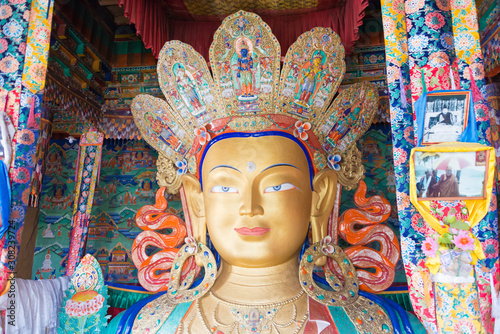 Ladakh, India - Jun 27 2019 - Buddha Statue at Thikse Monastery (Thikse Gompa) in Ladakh, Jammu and Kashmir, India.