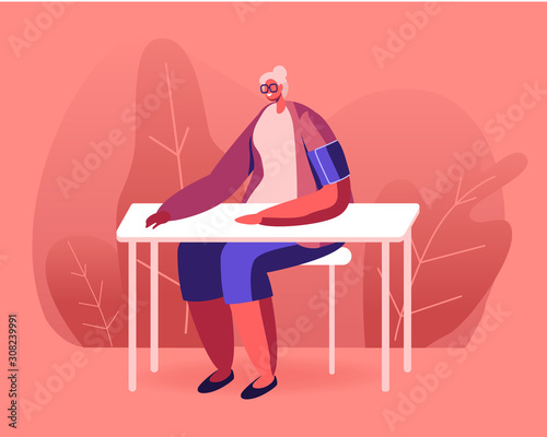 Senior Woman with Tonometer Cuff on Shoulder Measuring Arterial Blood Pressure Sitting at Table. Hypertension or Hypotension Disease, Cardiology Health Care Check Up. Cartoon Flat Vector Illustration