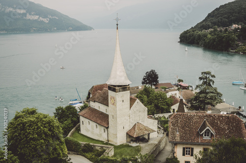 View on Spiez city and lake Thun  Switzerland  Europe