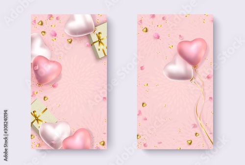 Happy Valentines Day banner. 3d pink and silver heart-shaped helium balloons, golden confetti, gold gifts, petals. Set vector background for February 14, wedding, birthday. Space for text