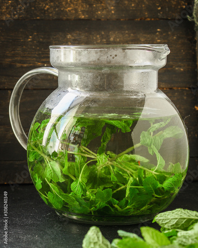 mint tea (tasty fresh, mint lemonade flavor) menu concept. food background. top view. copy space