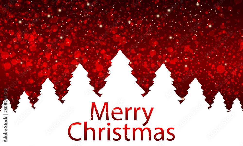 Christmas trees on red bokeh background, vector art illustration.