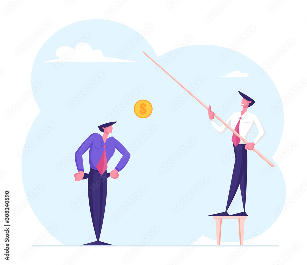 Money Problem, Financial Trouble. Depressed Businessman in Need Show Empty Pockets to Male Character Holding Rod with Golden Coin. Economic Crisis, Business Bankruptcy Cartoon Flat Vector Illustration