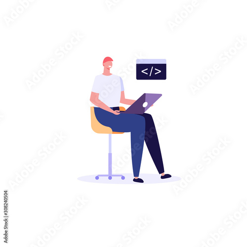 Programmer on chair writes code. Concept of programming, software, web development, coding. Vector illustration in flat cartoon design for banner, landing page, ui..
