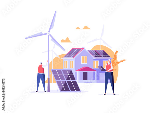 Solar engineer in uniform installs or tunes solar panels and wind turbine. Concept of solar energy, wind power, solar engineering service, professions of future. Vector illustration in cartoon design.