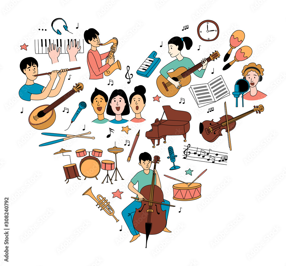 Heart-shaped musical pattern and children musicians with musical ...