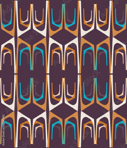 Mid Century Modern Vintage Pattern Background. Architectural Archway Trend Shape. Seamless 1970s StyleR etro Fabric Geometric Wallpaper. Hip Beige Brown Flat Color.  Swatch Tile Repeat Vector EPS 10