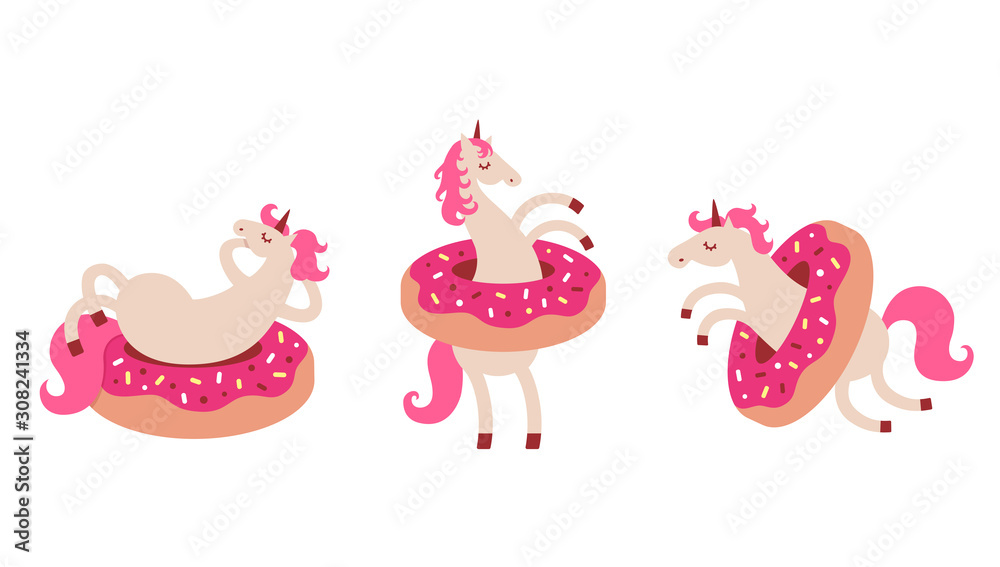 Fototapeta premium Set of funny unicorn in donuts. Cartoon style cute character