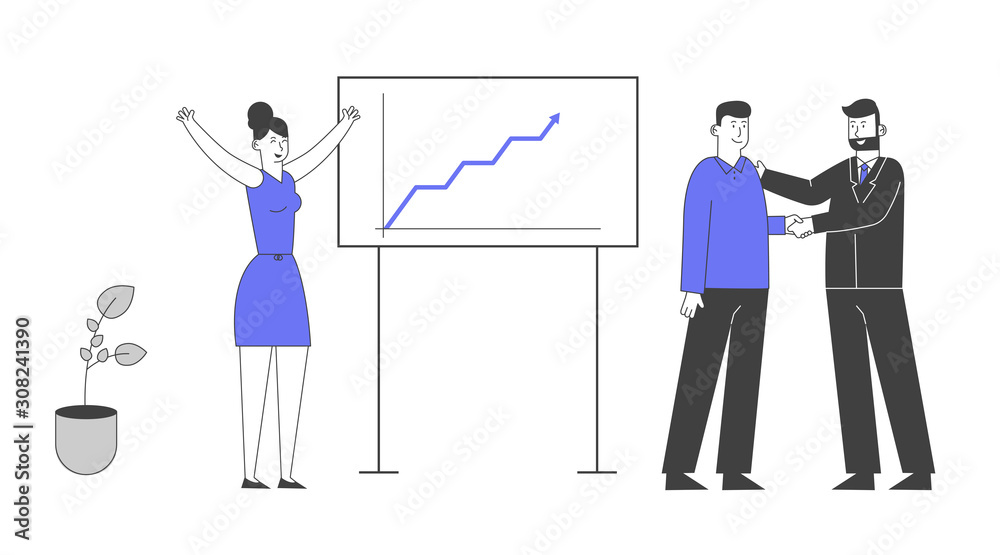 Boss Shaking Hand to Office Employee Standing at Chartboard with Growing Arrow Graph. Happy Woman Rejoice. Director Congratulate Workers for Successful Work. Cartoon Flat Vector Illustration, Line Art