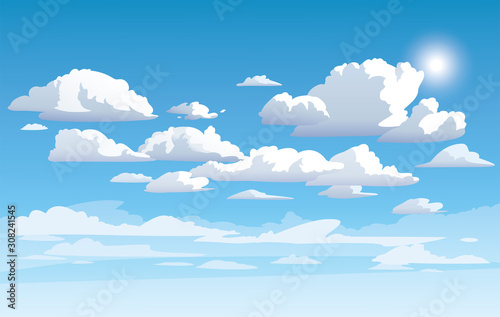 Vector blue cloudy sky. Anime clean style. Background design