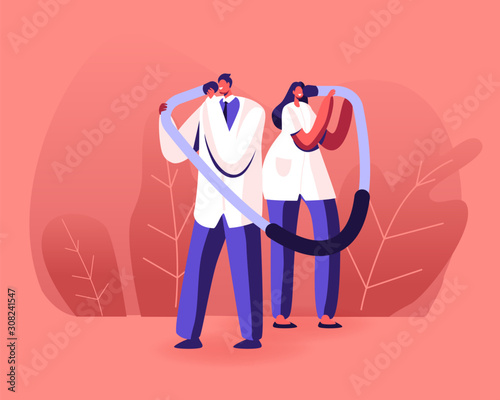 Doctors Characters Hold Huge Stethoscope Temples Listen Patient Heart Beating. Arterial Blood Pressure, Healthcare Checkup Concept. Medical Equipment Monitoring Health Cartoon Flat Vector Illustration