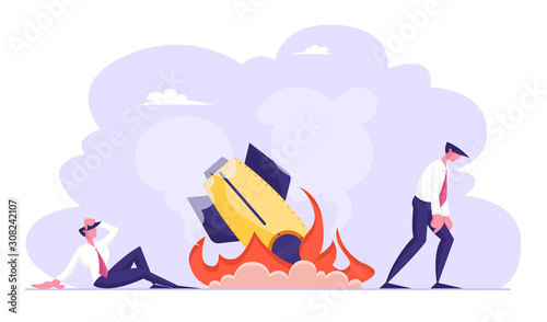 Shocked Business Men Looking on Burning Spaceship or Rocket Fall Down on Ground. Businessmen Disappointed and Sad of Company Startup Idea Failed. Bad Fortune  Fiasco
