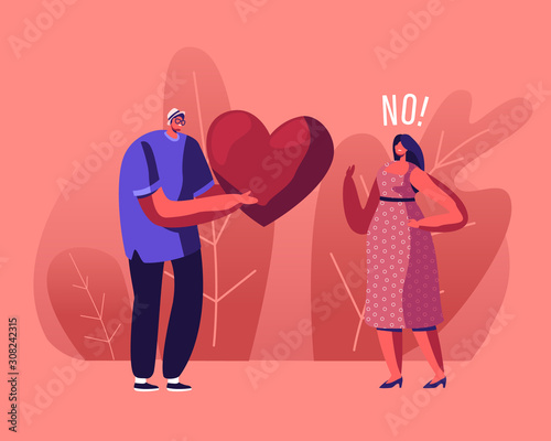 Unrequited Love Concept. Loving Man Giving Huge Red Heart to Woman Rejecting his Feelings Saying No. Male and Female Characters Relationship, People Dating and Parting Cartoon Flat Vector Illustration