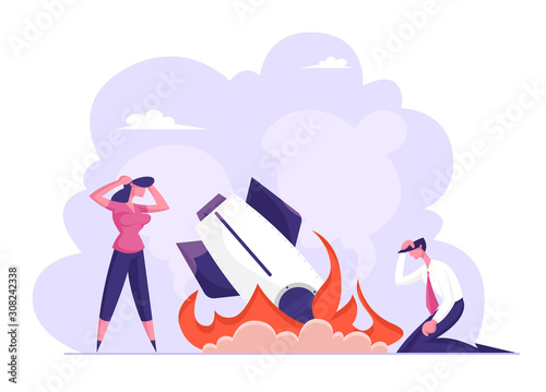 Business Failure, Crash. Businessman Businesswoman Stand at Burning Crashed Startup Rocket. Spaceship Fall Down. Unhappy People Sad about Launching Not Working Project Cartoon Flat Vector Illustration
