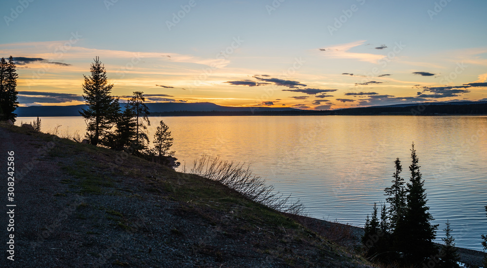 Beautiful Sunset Scenery at a lake in the Yellowstone national park, Wyoming