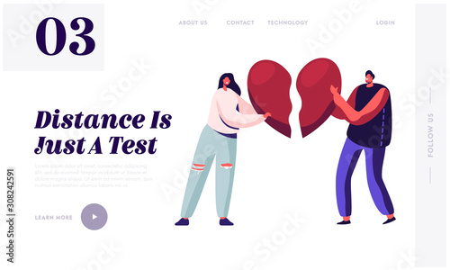 Heartbroken Couple Parting, Divorce Website Landing Page. Sad Young Man and Woman Trying to Put Together Parts of Broken Heart. End of Unhappy Love Web Page Banner. Cartoon Flat Vector Illustration