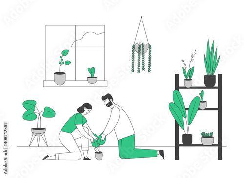 Happy Couple Care of Houseplants Growing in Planters. Young Man and Woman Cultivating Potted Plant at Home. Male and Female Character Enjoying Gardening. Cartoon Flat Vector Illustration, Line Art