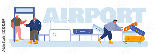 Passengers in Airport Concept. People Put Baggage on Conveyor Belt, Passing Control, Loader Push Trolley with Luggage Airplane Flight Poster Banner Flyer Brochure. Cartoon Flat Vector Illustration