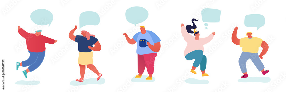 Crowd of People Communicating with Speech Bubbles Isolated on White Background. Young Men and Women Chatting to Each Other, Communicate, Discussing and Make Decisions. Cartoon Flat Vector Illustration