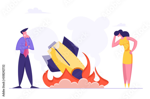 Startup Crash, Business Failure Concept. Businesspeople Stand at Fallen Rocket Trying to Realize Mistake in Business Strategy, Management Failed to Achieve Profit. Cartoon Flat Vector Illustration