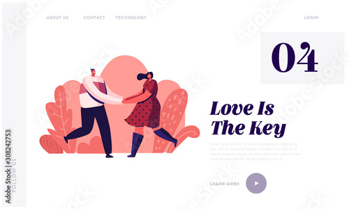 Happy Couple Outdoors Sparetime Website Landing Page. Cheerful Man and Woman Spend Time Together Holding Hands and Rejoice, Loving Romantic Relations Web Page Banner. Cartoon Flat Vector Illustration
