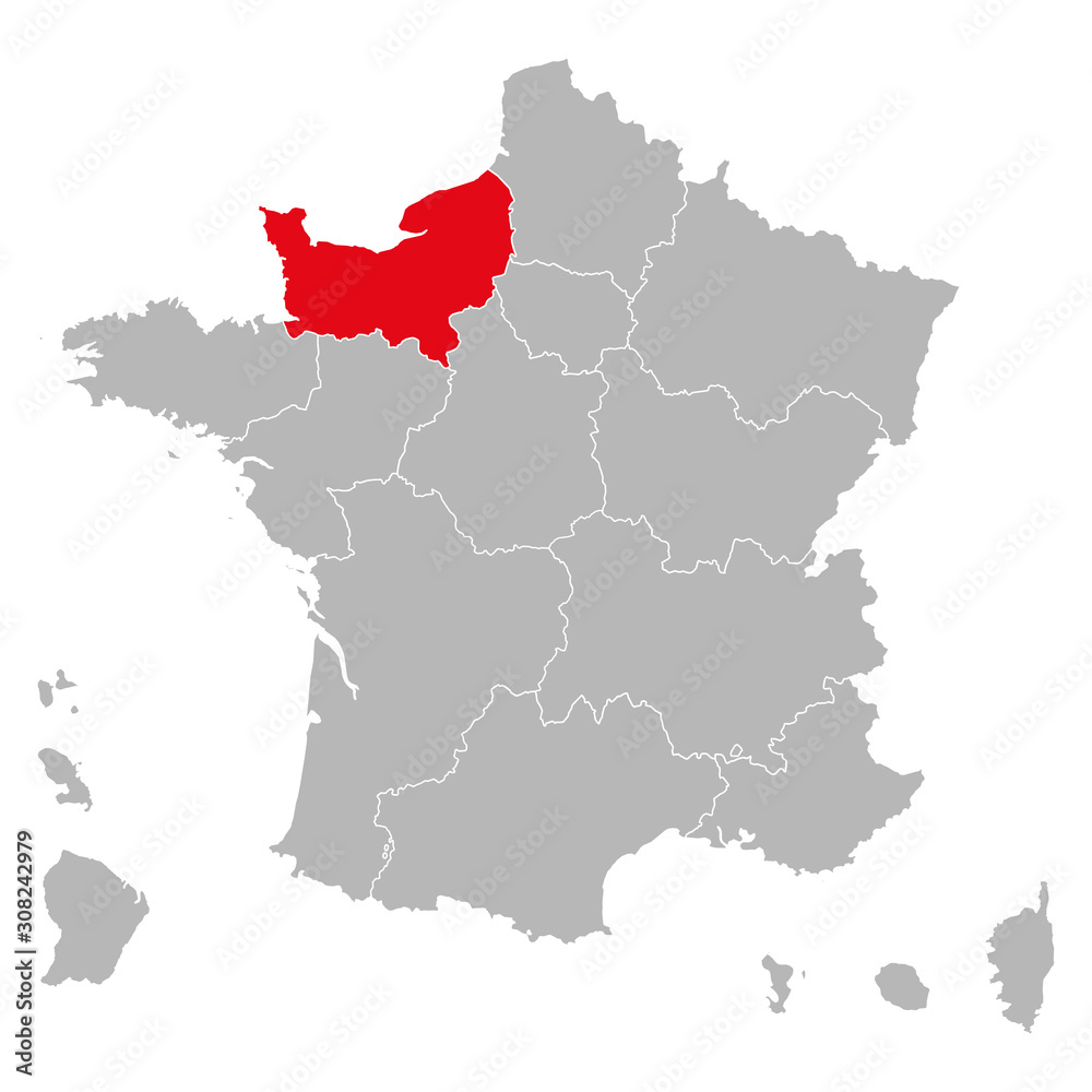 Normandy region map marked red on french map vector. Gray background. France country regions.