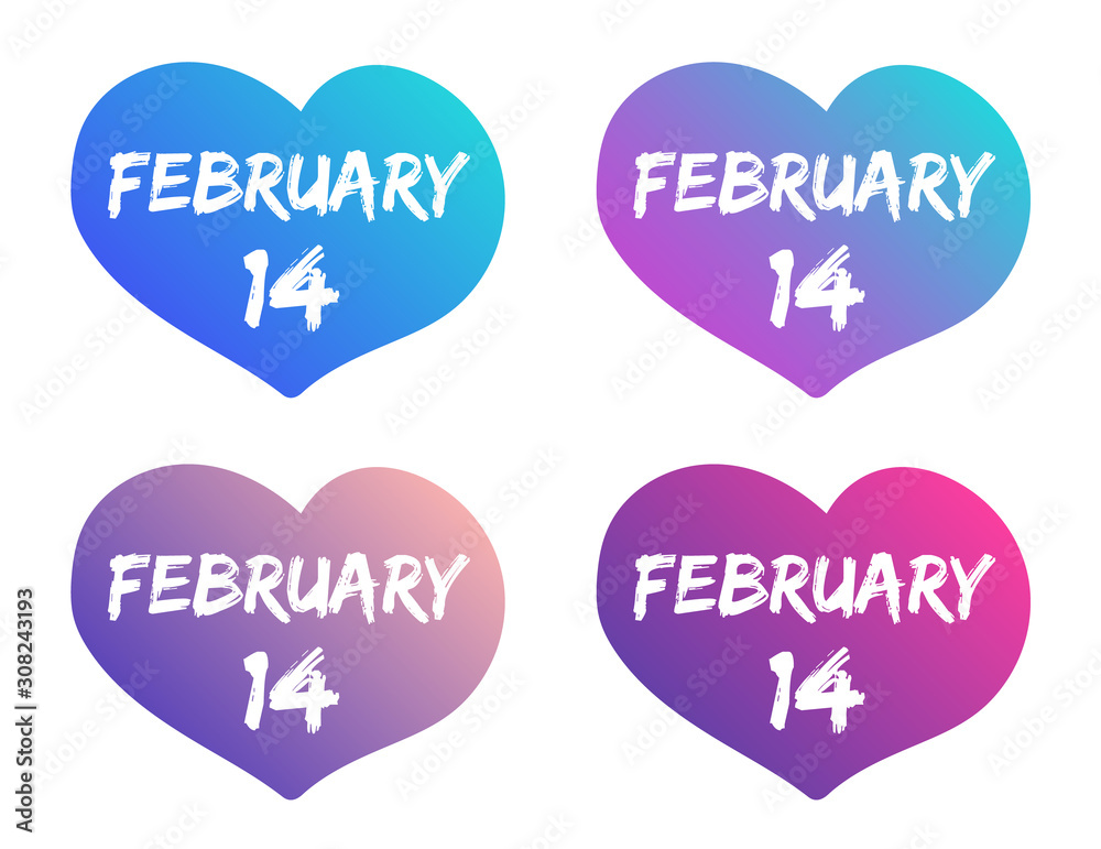 February 14 lettering on hearts color vector illustrations. Trandy color gradient heart shapes with February 14 lettering vector illustration. Valentine day icons. Love and relationships concept