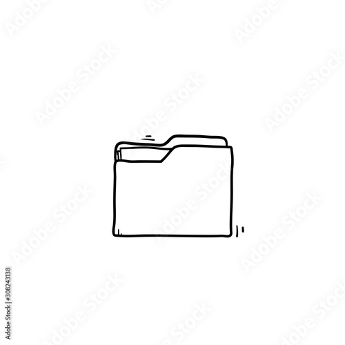 open folder icon. Folder with documents on white background with hand drawn doodle cartoon line art style