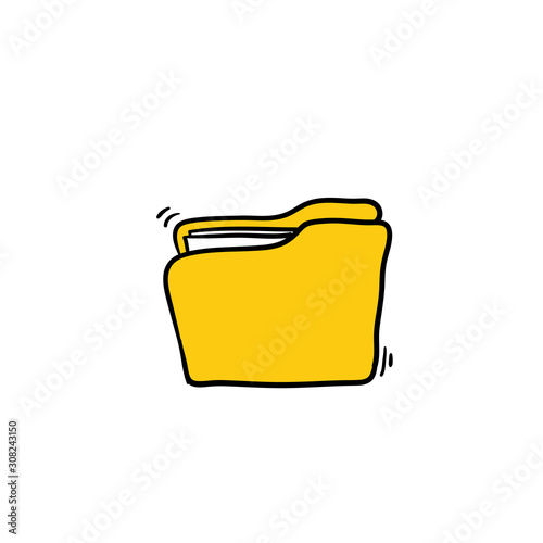 open folder icon. Folder with documents on white background with hand drawn doodle cartoon line art style