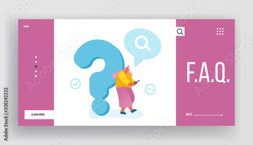 Frequently Asked Questions, Faq Website Landing Page. Young Woman Leaning on Huge Question Mark Searching Information in Internet Using Smartphone Web Page Banner. Cartoon Flat Vector Illustration