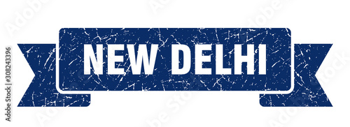 New Delhi ribbon. Blue New Delhi grunge band sign