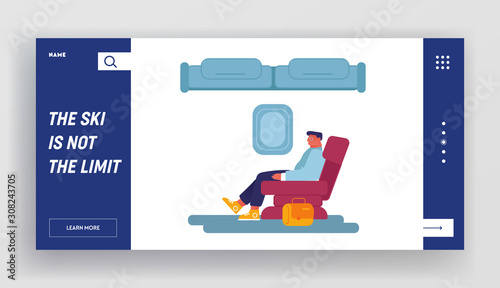 Businessman Passenger Travel by Plane Website Landing Page. Business Man Sitting in Comfortable Airplane Seat Relaxing during Flight. Airline Service Web Page Banner. Cartoon Flat Vector Illustration