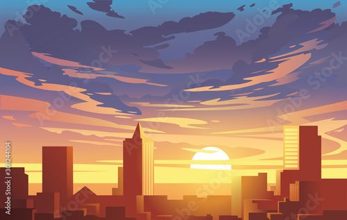 Fototapeta Wieczorna panorama miasta, wektor, zachód słońca. Płaski styl anime