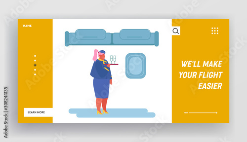 Airline Transportation Service Website Landing Page. Stewardess Wearing Uniform Holding Tray with Drink Glasses. Airplane Crew in Plane, Air Hostess Web Page Banner. Cartoon Flat Vector Illustration