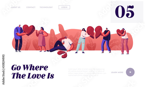 Lovers in End of Loving Relations Website Landing Page. Young Man and Woman Pull Apart Broken Heart Parts Blaming Each Other Feel Great Sorrow Parting Web Page Banner. Cartoon Flat Vector Illustration
