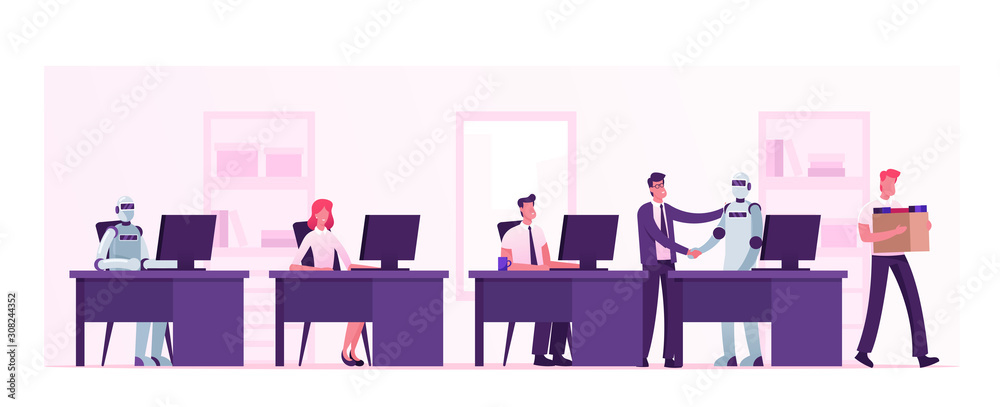 Automation, Artificial Intelligence, Human Vs Robots. Boss Shaking Hand to Cyborg Working in Office on a Par with People. Alive and Digital Workers, Dismissal People Cartoon Flat Vector Illustration