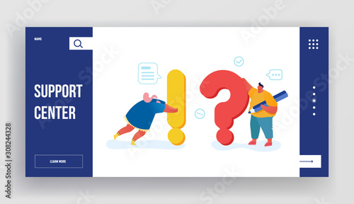 People Search and Give Information Website Landing Page. Tiny Characters Look for Solution to Urgent Issues around Huge Exclamation and Question Marks Web Page Banner. Cartoon Flat Vector Illustration