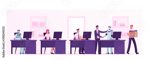Automation, Artificial Intelligence, Human Vs Robots. Boss Shaking Hand to Cyborg Working in Office on a Par with People. Alive and Digital Workers, Dismissal People Cartoon Flat Vector Illustration
