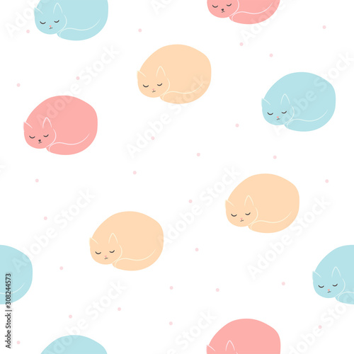 Seamless pattern with cute hand drawn sleeping cats. Tillable background for your fabric, textile design, wrapping paper or wallpaper