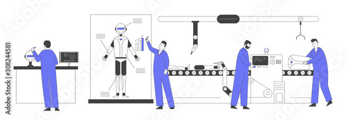 Artificial Intelligence Technology Engineers Making and Programming Robots. Robotics Hardware and Software Engineering in Laboratory with Hi-Tech Equipment. Cartoon Flat Vector Illustration, Line Art