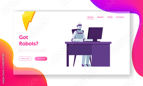 Automatization and Artificial Intelligence Website Landing Page. Robot Sitting at Office Desk Working on Computer. People Using Cyborgs at Work Web Page Banner. Cartoon Flat Vector Illustration