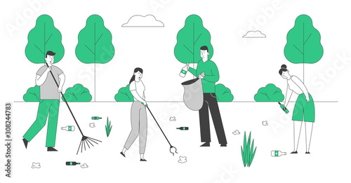 Ecology Protection Social Charity Concept. Volunteers Cleaning Garbage in City Park Area. Volunteering Men and Women Collecting Trash to Sacks Racking Ground Cartoon Flat Vector Illustration, Line Art