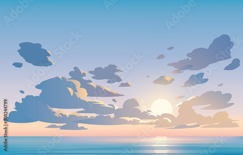 Fototapeta Vector landscape sky clouds. Sunset. Anime clean style. Background design
