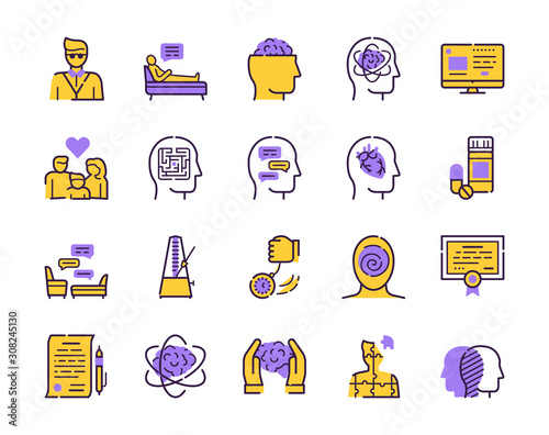 Psychology items color linear icons set